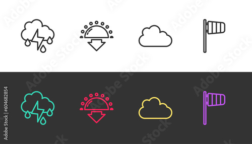 Set line Cloud with rain and lightning, Sunset, and Cone windsock wind vane on black and white. Vector