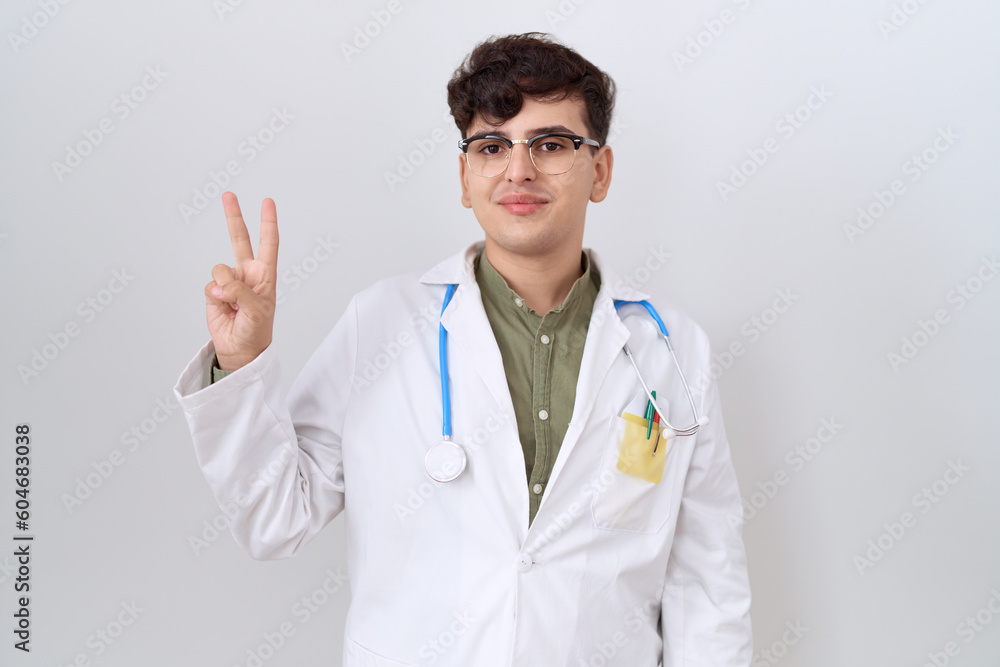 Young non binary man wearing doctor uniform and stethoscope showing and pointing up with fingers number two while smiling confident and happy. Young non binary man wearing doctor uniform and stethoscope showing and pointing up with fingers number two while smiling confident and happy.