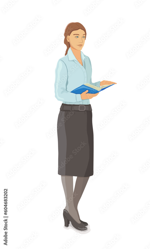 A young teacher in a white blouse and black skirt and black shoes stands with a blue book or textbook in her hands on a white isolated background. Day of Knowledge and Education. Vector illustration. A young teacher in a white blouse and black skirt and black shoes stands with a blue book or textbook in her hands on a white isolated background. Day of Knowledge and Education. Vector illustration.