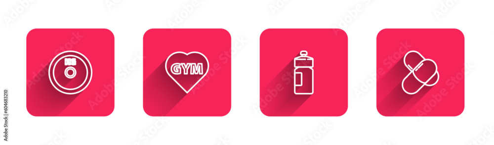 Set line Weight plate, Fitness gym heart, shaker and Sports nutrition with long shadow. Red square button. Vector Set line Weight plate, Fitness gym heart, shaker and Sports nutrition with long shadow. Red square button. Vector