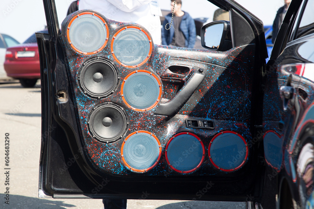 Car audio system. Installation of acoustics in the car.Powerful car