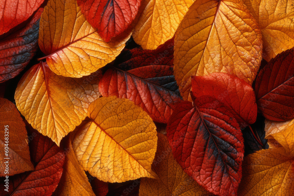 Obraz premium Colorful autumn background, beautiful fall nature wallpaper with red, yellow and orange leaves, AI Generated