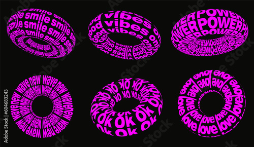 Trendy geometric shapes, donuts with text. 2000s style elements for posters, stickers, web, clothes, etc.Elements of cyberpunk in a trendy psychedelic rave style. Y2k 00s retro futuristic aesthetic