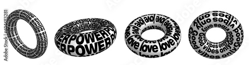Trendy metal geometric shapes, donuts with text. Elements of the style of the 2000s. Elements of cyberpunk in a trendy psychedelic rave style. Y2k 00's retro futuristic aesthetic