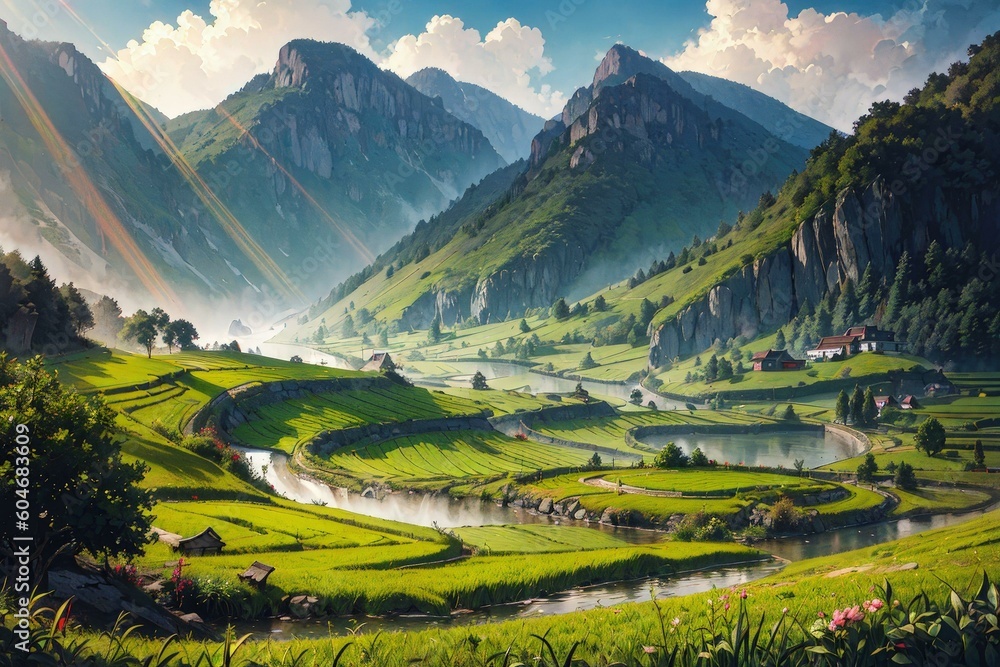 Scenic mountain valley with grassy fields and river