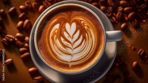 A white Cup filled with Coffee Latte Art. Blurred Background 