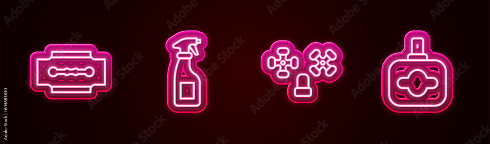 Set line Blade razor, Cleaning spray bottle, Water tap and Perfume. Glowing neon icon. Vector Set line Blade razor, Cleaning spray bottle, Water tap and Perfume. Glowing neon icon. Vector