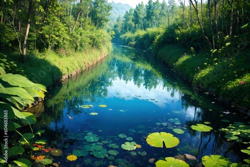 Serene river flowing through lush greenery with floating leaves