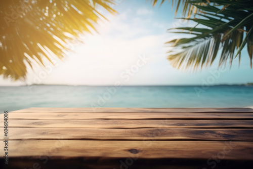 A perfect destination for a dreamy and romantic escape with a stunning beach view. Wooden table and umbrella. AI Generative.
