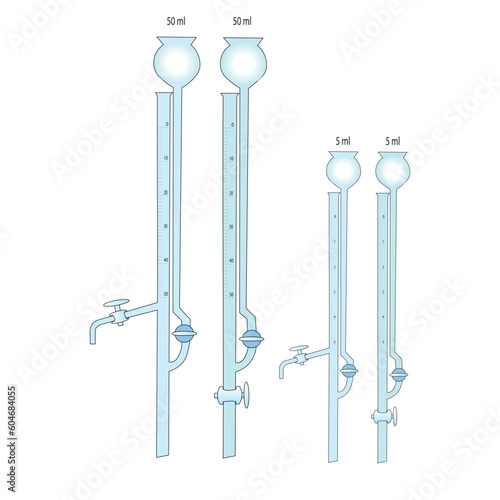 Chemical tableware: blue mini-burettes with straight and side stopcock. The size of the burettes 50 ml, 5 ml. Vector illustration in cartoon style on a white background