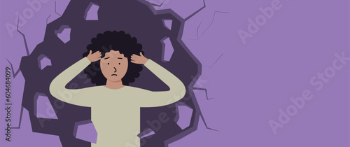 Depressed woman clutching her head. Mental disorder, sadness and depression concept. Physical and emotional violence against women.