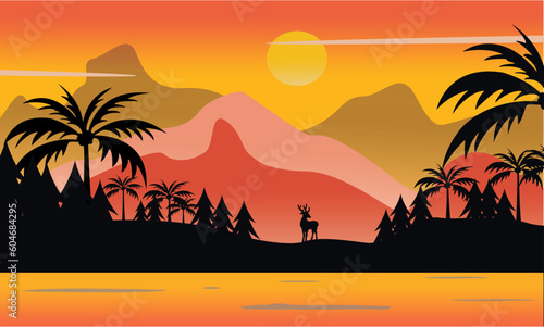 Illustration of a sunset landscape  with a blend of orange  yellow and black  and there is a deer in the middle