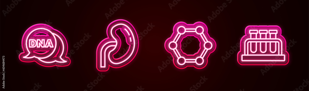 Set line DNA symbol, Human kidney, Molecule and Test tube and flask. Glowing neon icon. Vector Set line DNA symbol, Human kidney, Molecule and Test tube and flask. Glowing neon icon. Vector