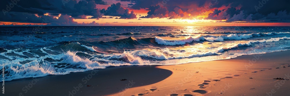 Ocean waves crashing at sunset
