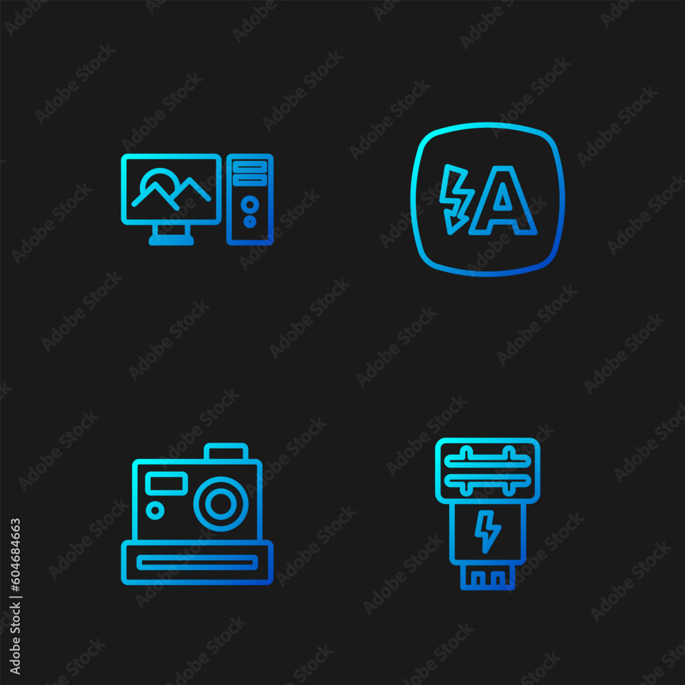 Set line Photo camera flash, , retouching and Auto. Gradient color icons. Vector Set line Photo camera flash, , retouching and Auto. Gradient color icons. Vector