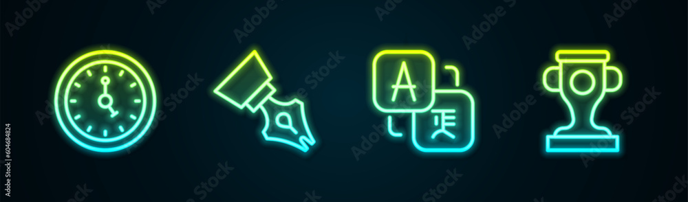 Set line Clock, Fountain pen nib, Translator and Award cup. Glowing neon icon. Vector Set line Clock, Fountain pen nib, Translator and Award cup. Glowing neon icon. Vector
