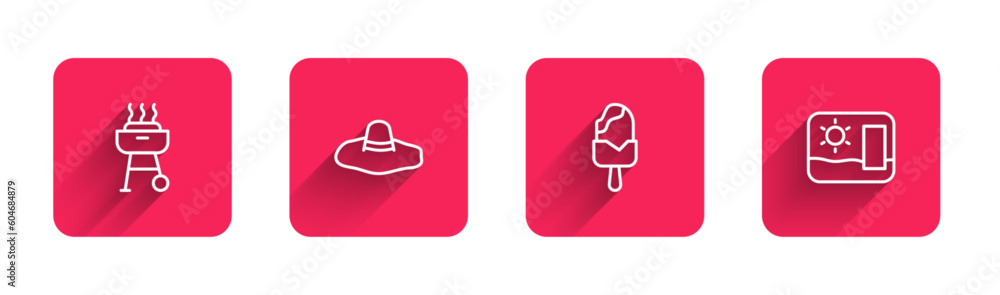 Set line Barbecue grill, Elegant women hat, Ice cream and Travel postcard with long shadow. Red square button. Vector Set line Barbecue grill, Elegant women hat, Ice cream and Travel postcard with long shadow. Red square button. Vector