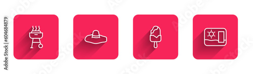 Set line Barbecue grill, Elegant women hat, Ice cream and Travel postcard with long shadow. Red square button. Vector