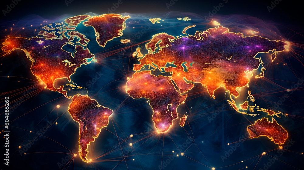 Supply Chain Network digital illustration of a world map with ...
