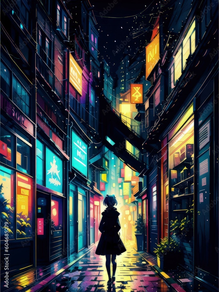 Nighttime City Street with Lonely Woman