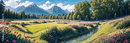 Mountain landscape with flowing stream in valley near pink flowers