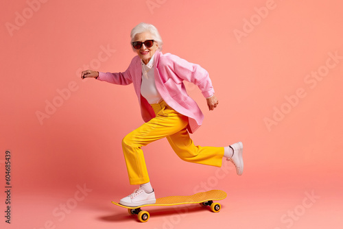 Fashionable cool stylish extravagant mature young grandma on skateboard on color background created with Generative AI technology photo