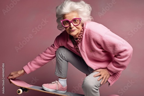 Beautiful fashionable cool stylish extravagant mature young grandma on skateboard on color background created with Generative AI technology