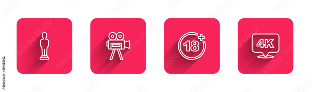 Set line Movie trophy, Retro cinema camera, Plus 18 movie and 4k Ultra HD with long shadow. Red square button. Vector Set line Movie trophy, Retro cinema camera, Plus 18 movie and 4k Ultra HD with long shadow. Red square button. Vector