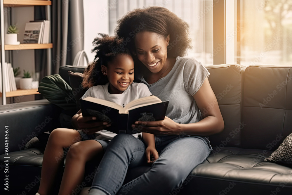 Black mother reads a book to her little daughter while sitting together on a sofa made with Generative AI technology Black mother reads a book to her little daughter while sitting together on a sofa made with Generative AI technology
