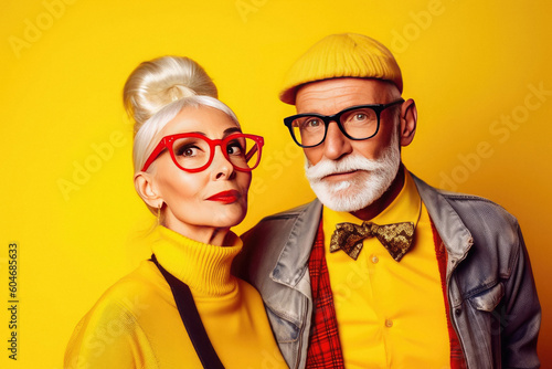 Portrait of a stylish fashionable cool extravagant hipster adult couple in glasses on a color background created with Generative AI technology