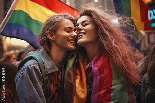 Portrait of two happy lesbian women lovers hugging together on lgbt parade made with Generative AI technology
