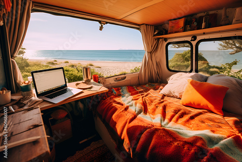 Interior of camper van mobile home with table and ocean sea view. Laptop computer and connection everywhere concept. Smart working alternative office. Travel lifestyle and work offline generative ai