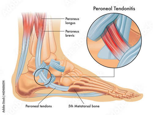 Medical illustrations of symptoms of peroneal tendonitis, with enlargement of the affected area, with annotations.