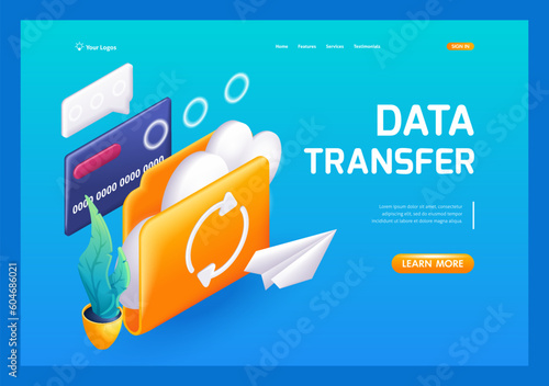 3D Isometric, cartoon. Digital file organization and data transfer application. Cloud storage icon.Trending Landing Page