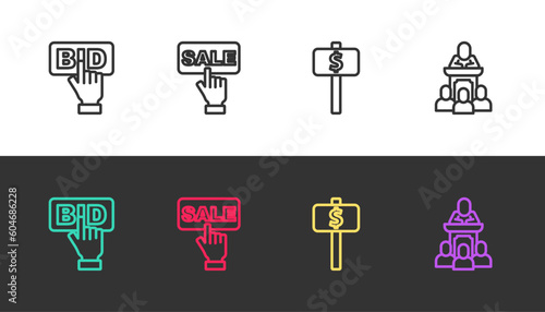 Set line Bid, Price tag with Sale, Hand holding auction paddle and Auction auctioneer sells on black and white. Vector