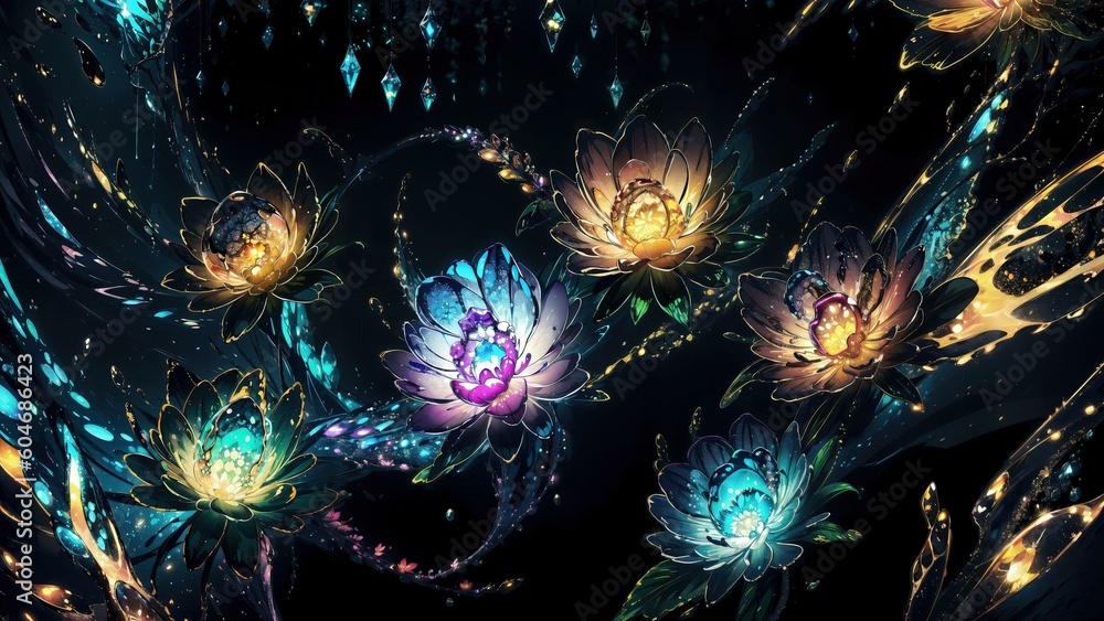 Fantasy Floral Illustration with Glowing Flowers