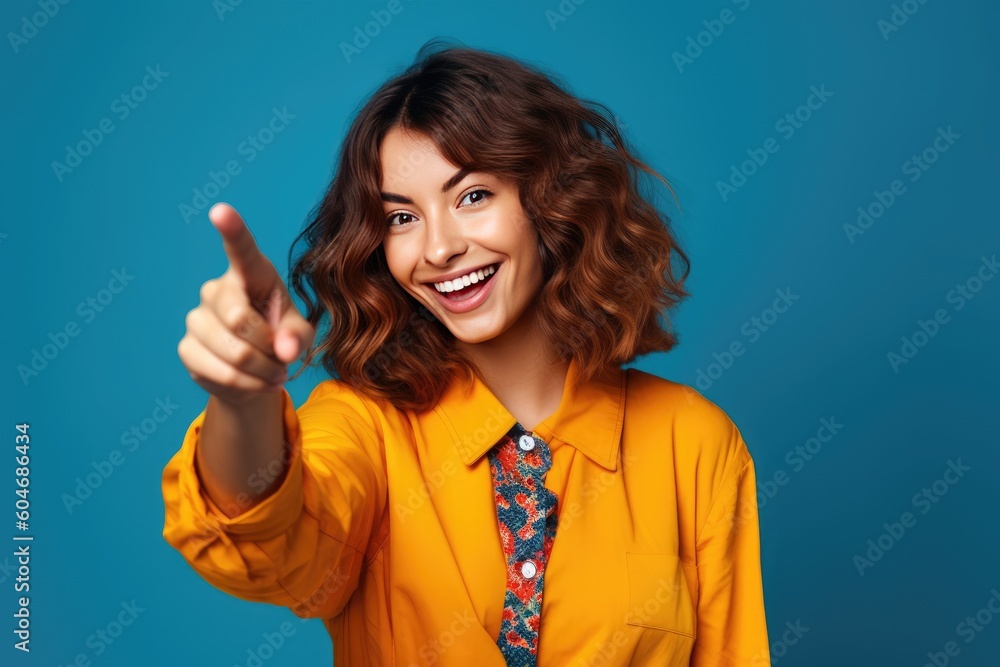 Look There. Cute woman pointing fingers aside at free space for text on a brightly colored background, created with generative ai Look There. Cute woman pointing fingers aside at free space for text on a brightly colored background, created with generative ai