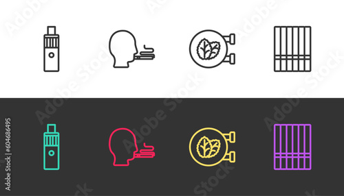 Set line Vape mod device, Man smoking cigarette, Tobacco leaf shop and Cigarette on black and white. Vector
