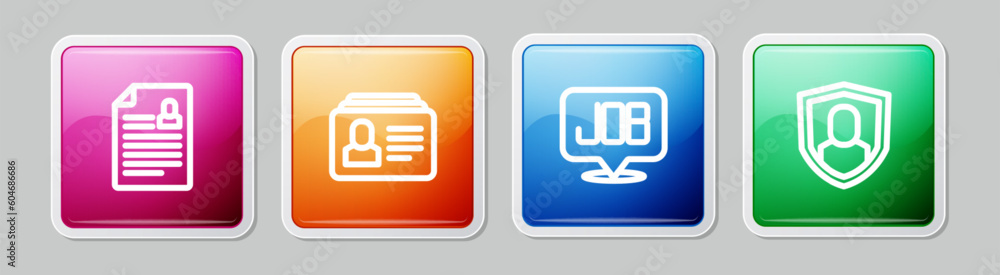 Set line Resume, Search job and User protection. Colorful square button. Vector Set line Resume, Search job and User protection. Colorful square button. Vector