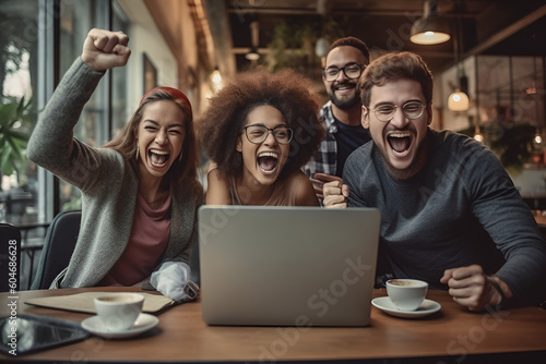 a group of office workers rejoices raises their hand up and rejoices in success, looking at a laptop generative ai