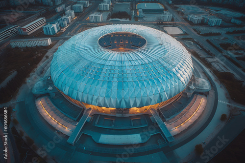 sports stadium modern architecture of the future top view from a drone in blue tones in the evening light generative ai