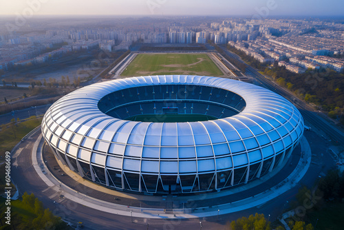 sports stadium modern architecture of the future top view from a drone in blue tones in the evening light generative ai