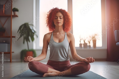 Serene european young woman sitting cross-legged on yoga mat, listening to soothing music on laptop, meditating with closed eyes indoors alone. Distance learning of electronic trainers, generative ai