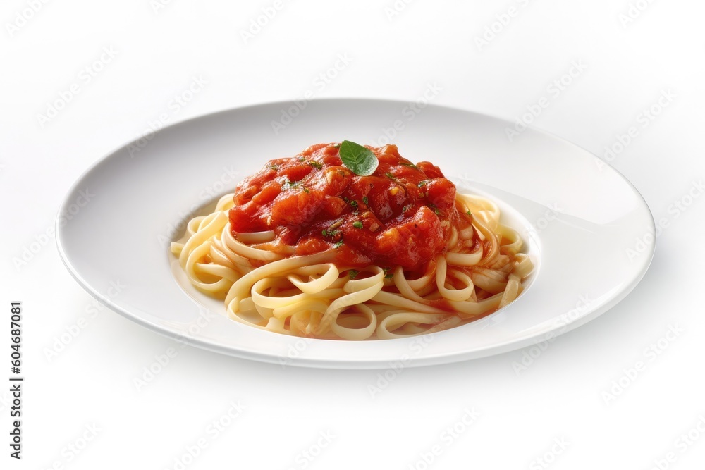 Delicious Plate of Spaghetti with Tomato Sauce on a White Background Generative AI Delicious Plate of Spaghetti with Tomato Sauce on a White Background Generative AI