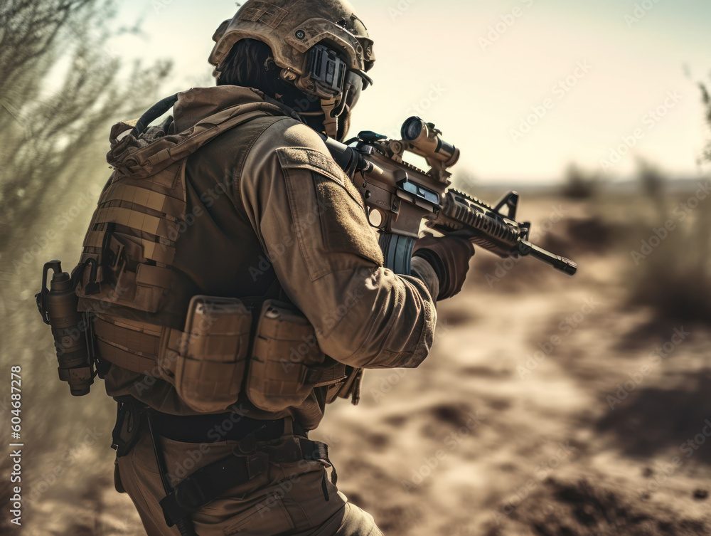 United States Army Special forces soldier in uniform and helmet with assault rifle Created with Generative AI technology United States Army Special forces soldier in uniform and helmet with assault rifle Created with Generative AI technology