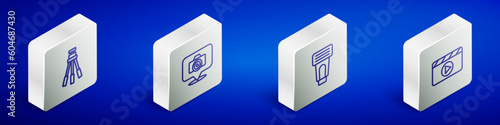 Set Isometric line Tripod, Photo camera, flash and Movie clapper icon. Vector