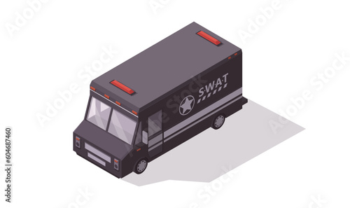 Police SWAT truck side 3d isometric view. Utility security van vehicle. Municipal armored transport. Heavy special automobile. Lorry cargo truck for transportation police staff. Vector illustration
