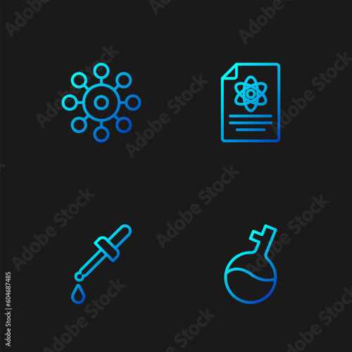 Set line Test tube, Pipette, Virus and Chemistry report. Gradient color icons. Vector