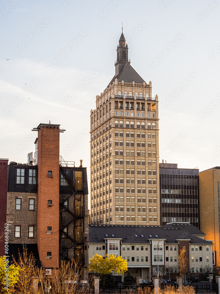 The Kodak Tower, a historic icon in Rochester, Upstate New York State, glows in the golden light of the setting sun