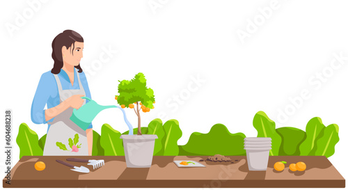 Houseplants shop with florist woman isolated on white background. Young girl florist works in floral store and selling plants. Home gardening or growing flowers hobby. Vector illustration